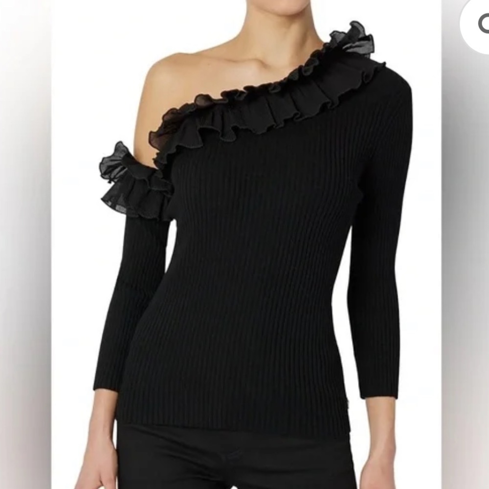 Milly Black Off-the-Shoulder 3/4 Sleeve Woven Ruffle Sweater